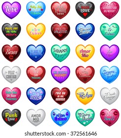 Love Hearts with spanish messages - vector master collection heart label with love, valentines, anniversary, relationship, wedding and cheerful text