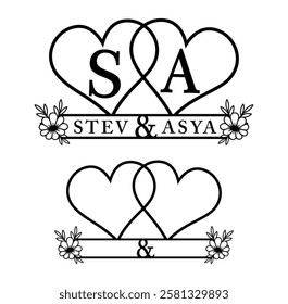 Love Hearts Split Monogram Vector Designs, Valentines day Heart Monogram, Valentine and Wedding Family Name Sign Monogram