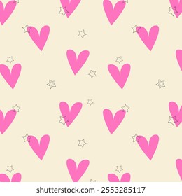 Love hearts and stars seamless romantic pattern on soft background. For wedding decoration. I love you, symbol. Texture Happy Valentines Day.