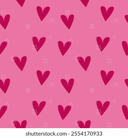 Love hearts and stars seamless romantic pattern on pink background. For wedding decoration. I love you, symbol. Texture Happy Valentines Day.