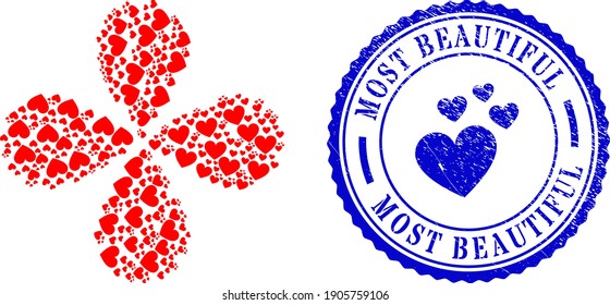 Love hearts swirl flower with four petals, and blue round MOST BEAUTIFUL rough stamp print with icon inside. Object whirlpool combined from oriented love hearts items.