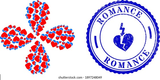 Love hearts swirl motion, and blue round ROMANCE rubber watermark with icon inside. Object flower with 4 petals composed from oriented love hearts symbols. Vector flower collage in flat style.