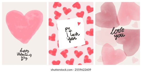 Love hearts Valentine's day cards. Romantic holiday greeting cards with abstract pink red heart shapes and lettering, watercolor posters for 14 February celebration. Vector set.