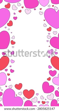 Love hearts vertical frame copy-space. Romance affection. Seamless pattern composition with copyspace. Decorative border background for social media stories. Vector illustration. Flat 2D cartoon style