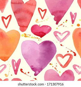 Love hearts watercolor painted splashes vector pattern design