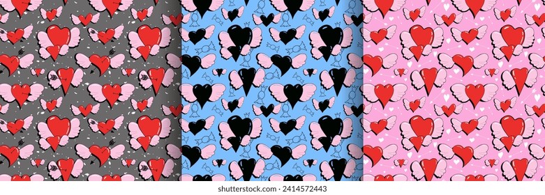 Love hearts with wings cupid's arrows seamless pattern set, romantic, valentine day print Fashionable texture background for wallpaper, wrapping product, textile, fabric