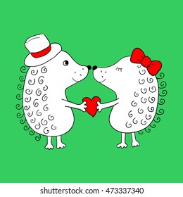 Love hedgehogs on green background. 