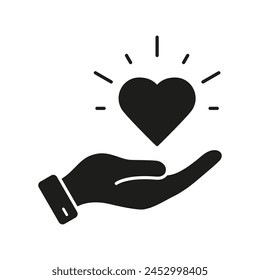 Love, Help, Solidarity Silhouette Icon. Donation And Support Symbol. Human Hand Hold Heart Glyph Pictogram. Charity And Care Solid Sign. Isolated Vector Illustration.