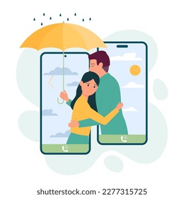 Love, help and support from friend online vector illustration. Cartoon man and woman hugging from phone screens, male character holding umbrella to protect lonely sad girl from rain and depression