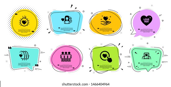 Love her, Friendship and Friends couple line icons set. Chat bubbles with quotes. Like button, Love mail and Hold heart signs. Sweetheart, Trust friends. Love set. Banner badges vector shapes. Vector