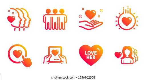 Love her, Friendship and Friends couple line icons set. Like button, Love mail and Hold heart signs. Sweetheart, Trust friends. Love set. Gradient love her icons set. Vector