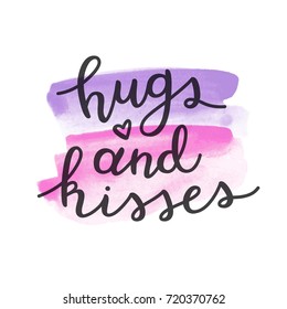 love is here lettering, vector handwritten text on watercolor brush strokes