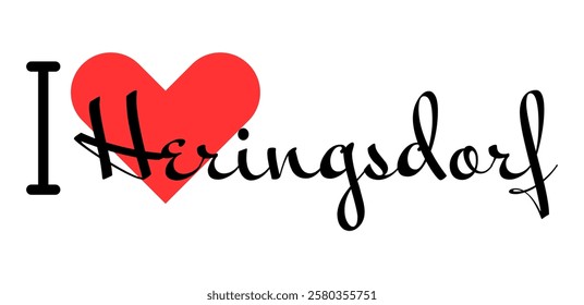 I love Heringsdorf, city of Germany. Hand drawn letters with red heart. Vector illustration lettering, modern design for print t shirt, banner, poster, sticker or label.