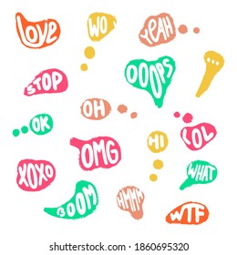 Love, Hi, Sale, Lol, What, OMG, Wow, Yeah, Ok, WTF, Hmmm, XOXO, Stop, Ooops, Boom, Oh - words in colorful bubble speech. Vector lettering for cards, posters, planners, bullet journals, diaries. 