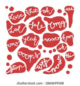 Love, Hi, Sale, Lol, What, OMG, Wow, Yeah, Ok, WTF, Hmmm, XOXO, Stop, Ooops, Boom, Oh - words in red bubble speech. Vector calligraphy for cards, posters, planners, bullet journals. White text.