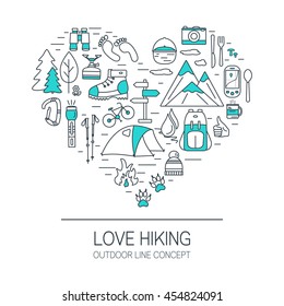 Love hiking. Outdoor concept. Travel and camping line icons in heart shape. Summer tourism items.  Can be used for flyers, cards, banners, web or illustrations. Design elements with open paths.