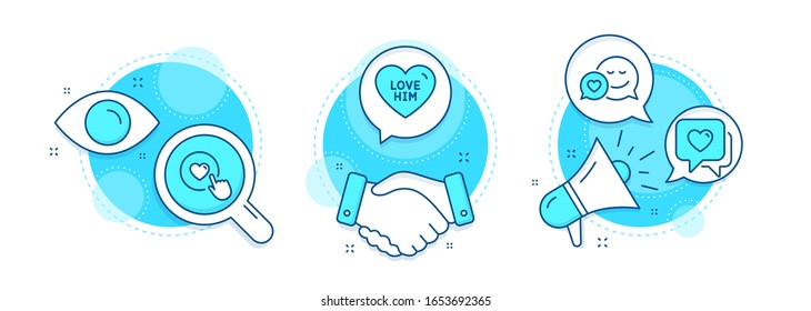 Love Him, Dating And Heart Line Icons Set. Handshake Deal, Research And Promotion Complex Icons. Like Button Sign. Sweetheart, Love Messenger. Love Set. Colorful Set With Flat Love Him Sign. Vector