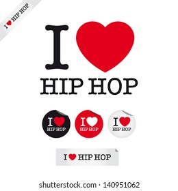 i love hip hop, font type with signs, stickers and tags. Ideal for print poster, card, shirt, mug.