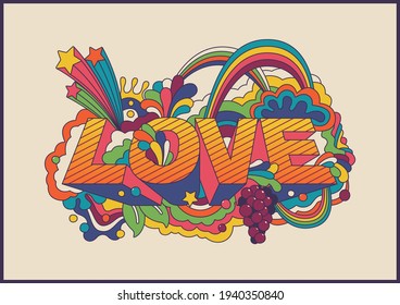 Love Hippie Art Style Poster, Psychedelic Flowers and Rainbows, 1960s Colors