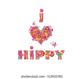 I love hippy. Print with colorful abstract flowers, rainbow and mushrooms