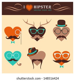 I Love Hipster background, Vector Heart Icon Set with Hipster Elements