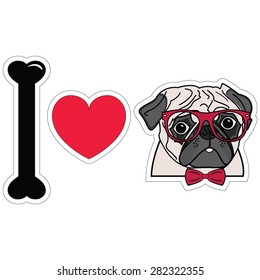 I Love Hipster Pug with glasses and tie bow 