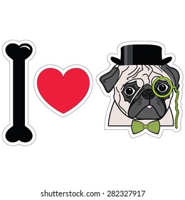 I Love Hipster Pug with Monocle , Old fashion hat and tie bow with grid pattern 
