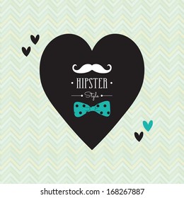 Love hipster style grunge postcard design. Vector Illustration, Heart Shape label, calligraphy on zigzag pattern background