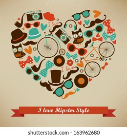 I Love Hipster Style Icon Set. Vector Illustration