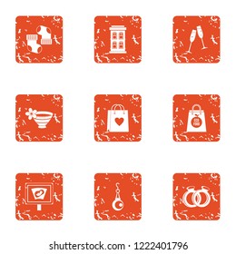 Love history icons set. Grunge set of 9 love history vector icons for web isolated on white background