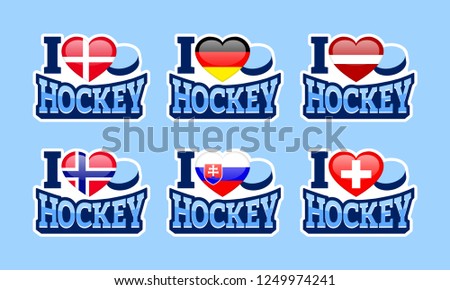 I love hockey vector stickers. Denmark, Germany, Latvia, Norway, Slovakia, Switzerland national flags. Sport poster. Winter sports illustration for fancier design, clothes prints. Traditional colors