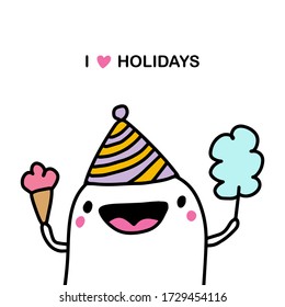 I love holidays hand drawn vector illustration in cartoon comic style man happy gholding ice cream and sweet dessert market