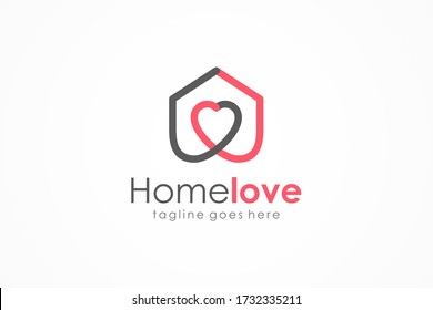 Love Home Logo. Grey Pink Linear Style Heart and House Icon Combination. Usable for Building and Health Care Logos. Flat Vector Logo Design Template Element.