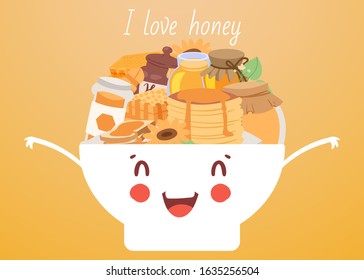 I love honey products cartoon cute bowl vector illustration banner. Kawaii bowl and jars of different sorts of honey and honeycomb. Natural healthy floral honey poster. for stores and shops.