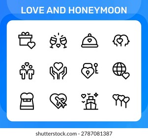 Love and Honeymoon icon set. Editable line icons. Professional and modern outline icon collection vector illustration highlighting fresh flower bouquet and wedding decoration symbols in a clean design.