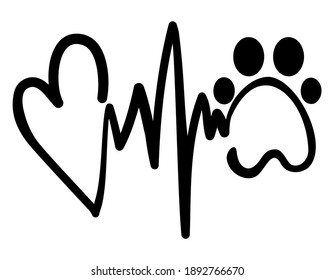 Love Hope dog - Handwritten Vector heartbeat rhythm with heart and paw, heart and heart rate shape. Good for tattoo design, t shirt, gift, mug. Pet lovers.