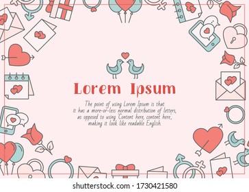 Love - horizontal card with text and vector color illustrations of heart, gifts, and valentines for graphic design