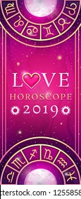 Love horoscope prediction on magic colors background. Asrtology vertical banner. Vector illustration