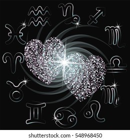 Love horoscope sparkling hearts zodiac sign silver gray metal. Two hearts couple romantic love compatibility. Vector illustration space black background argent symbols
