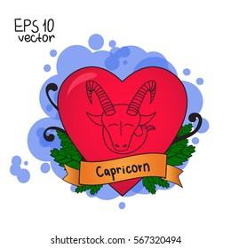 Love horoscope for Valentine's Day. Signs of the zodiac. Capricorn symbol. Vector illustration hand drawing. Old school tattoo.