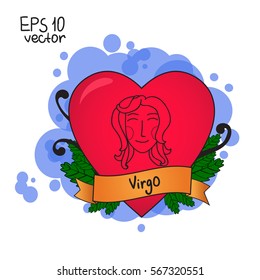 Love horoscope for Valentine's Day. Signs of the zodiac.  Virgo symbol. Vector illustration hand drawing. Old school tattoo.