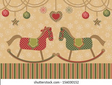 Love horses and christmas garlands. Retro style. Vector illustration.