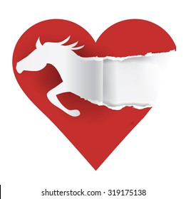  I love horses.
Paper silhouette of  running horse ripping paper heart with place for your text or image. .Vector available.
