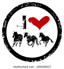 I LOVE HORSES rubber stamp with heart and three horses silhouettes