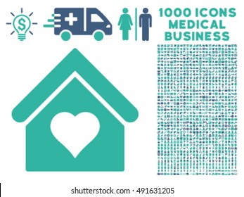Love House icon with 1000 medical commerce cobalt and cyan vector pictograms. Clipart style is flat bicolor symbols, white background.
