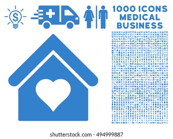 Love House icon with 1000 medical commercial cobalt vector design elements. Collection style is flat symbols, white background.