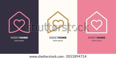 Love house icon. Home care symbol, sweet home and heart sign, love home pictogram, happy family cottage vector illustration