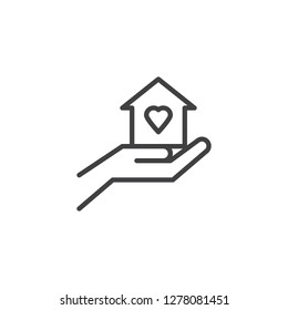 Love house line icon. linear style sign for mobile concept and web design. Hand hold home with heart outline vector icon. Symbol, logo illustration. Pixel perfect vector graphics