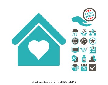 Love House pictograph with bonus clip art. Vector illustration style is flat iconic bicolor symbols, grey and cyan colors, white background.