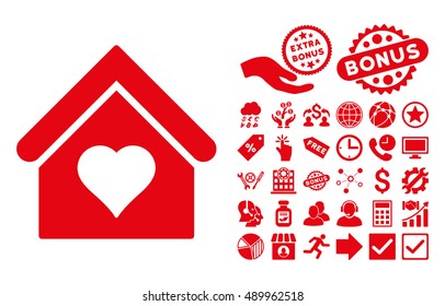 Love House pictograph with bonus pictogram. Vector illustration style is flat iconic symbols, red color, white background.